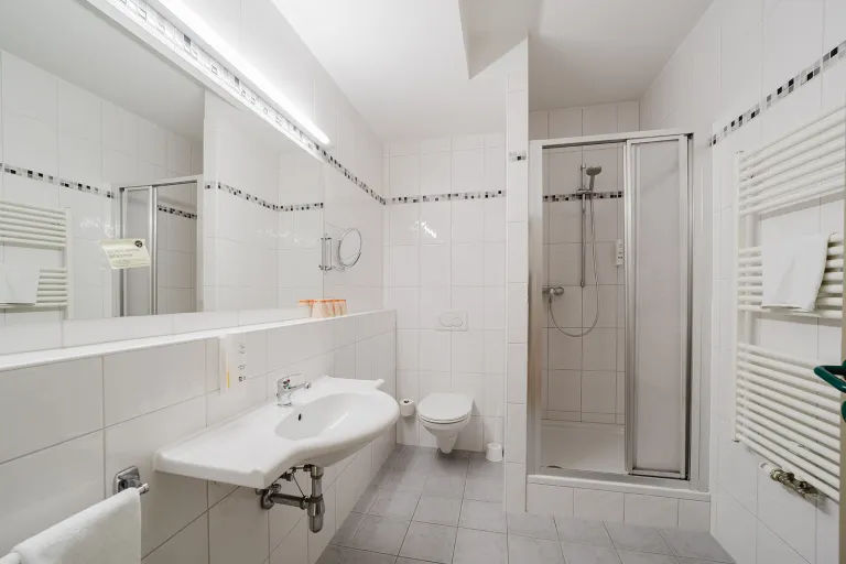 Bathroom with shower cabin, washbasin, and heated towel rail at Motel Baden