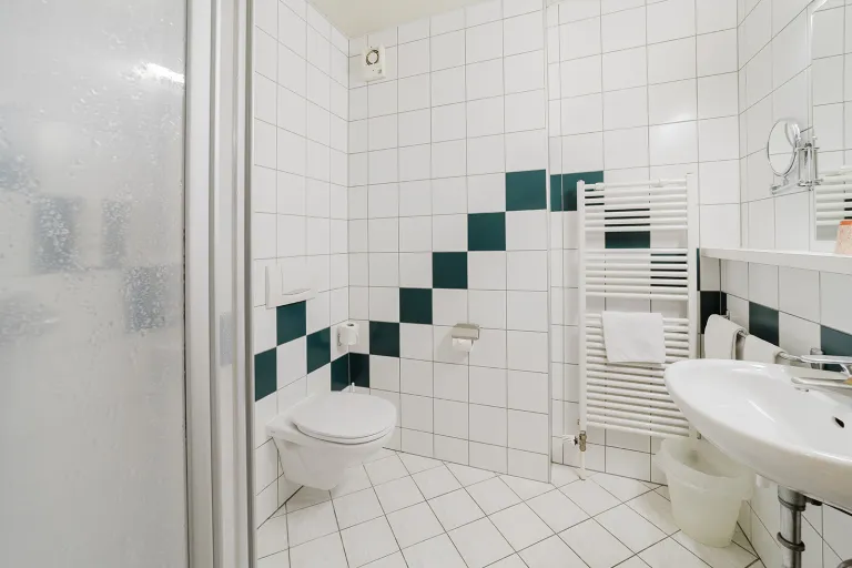 Bathroom with green-and-white tiles, shower and WC at Motel Baden