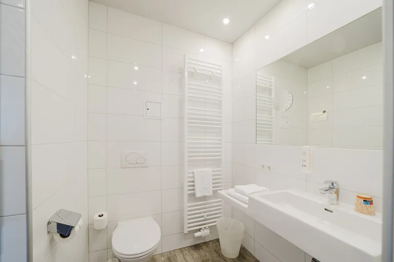 Bathroom with vanity, mirror and WC at Motel Baden