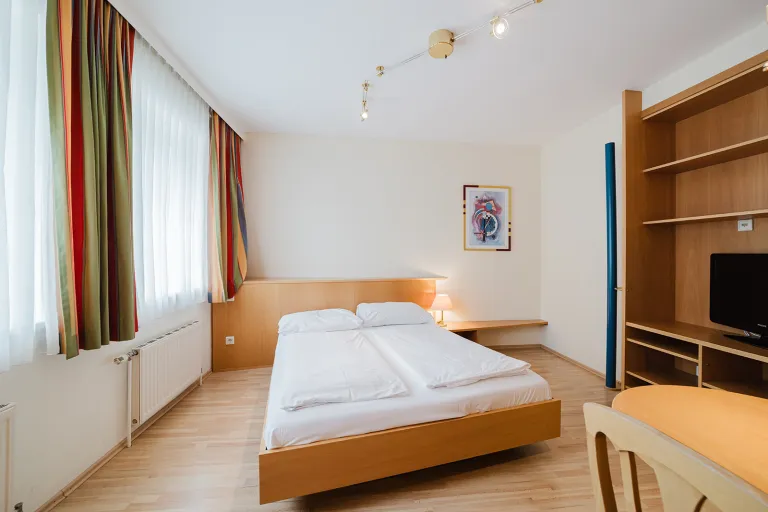 Double bed in front of a window front with shelving wall and TV at Motel Baden