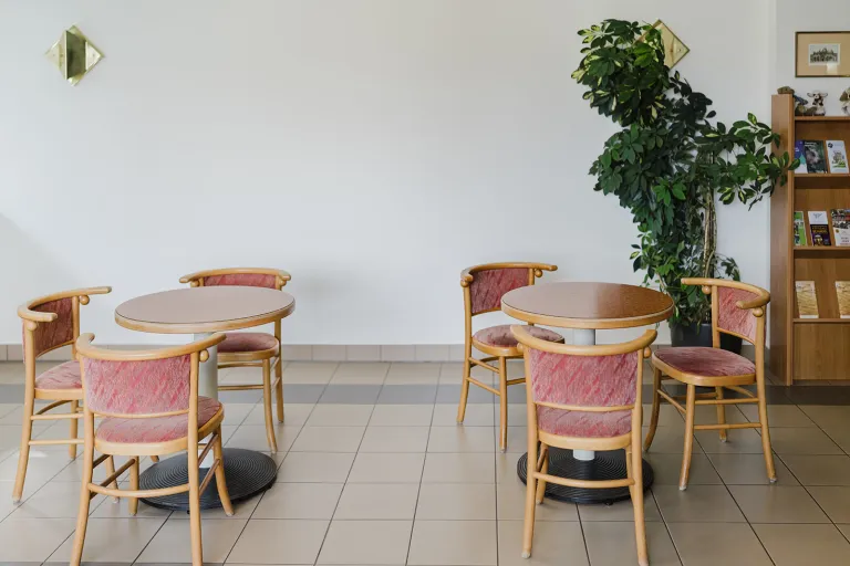 Entrance area with tables and plants at Motel Baden