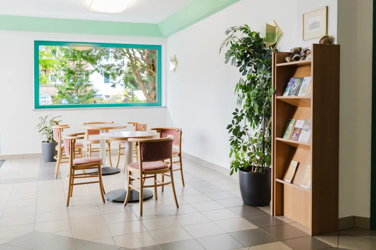 Entrance area with window and bookshelf at Motel Baden