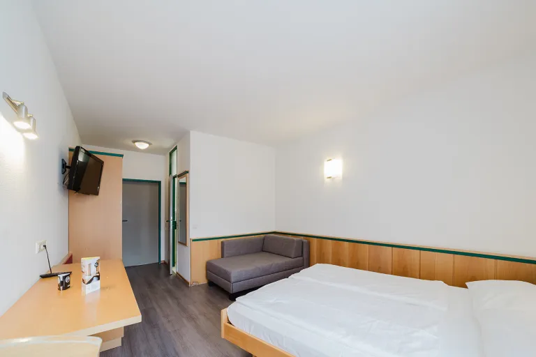 Double Room with Private Garage: bed, sofa, and flat-screen TV at Motel Baden